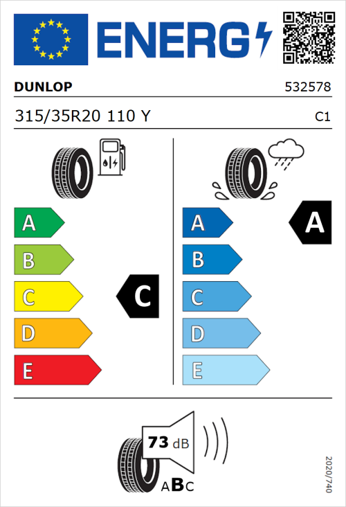 Tyre Label for Dunlop Sportmaxx RT 2 SUV 315/35R20 110Y